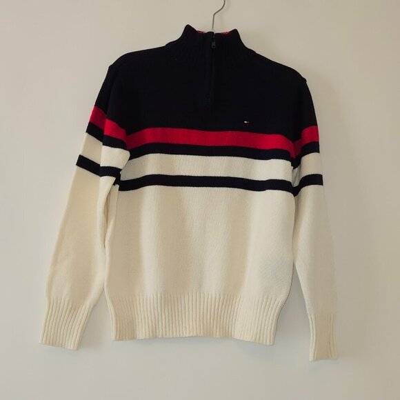 Tommy Hilfiger Boys 1/4 Zip Mock Neck Blue Red Off-White Sweater Sz S - Picture 1 of 11